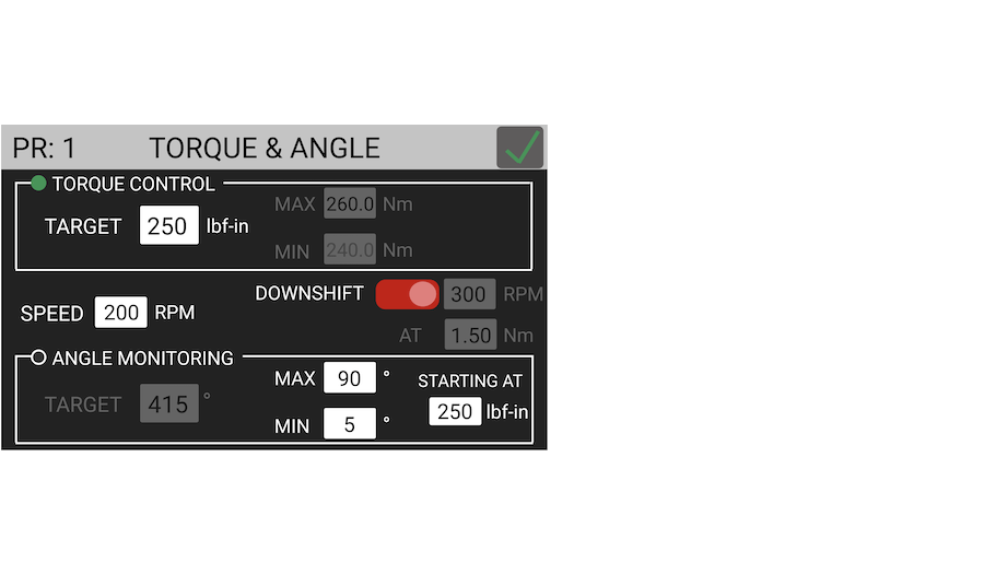 torque angle menu 250 lbf